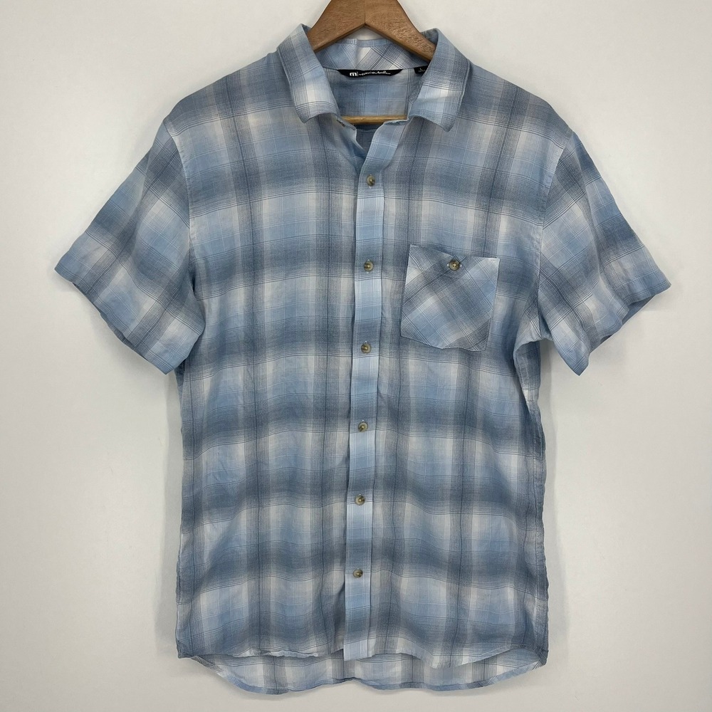 Travis Mathew Mens Large Blue White Plaid Short Sleeve Button Down Shirt